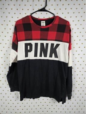 Victorias Secret PINK BUFFALO PLAID Colorblock Long Sleeve Sweater Shirt SMALL